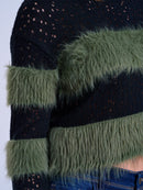 WOMEN'S LONG SLEEVE COLORBLOCK KNIT FUZZY PULLOVER SWEATER