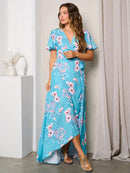 WOMEN'S SHORT SLEEVE V-NECK HIGH-LOW WRAP FLORAL MAXI DRESS