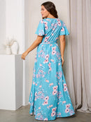 WOMEN'S SHORT SLEEVE V-NECK HIGH-LOW WRAP FLORAL MAXI DRESS