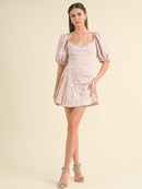 WOMEN'S SHORT PUFF SLEEVE FLORAL DETAILED BODYCON MINI DRESS