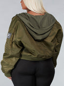 PLUS SIZE LONG SLEEVE ZIP UP PATCHES HOODIE BOMBER JACKET