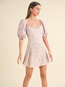 WOMEN'S SHORT PUFF SLEEVE FLORAL DETAILED BODYCON MINI DRESS