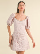 WOMEN'S SHORT PUFF SLEEVE FLORAL DETAILED BODYCON MINI DRESS