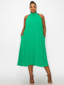 PLUS SIZE SLEEVELESS HALTER NECK POCKETS TUNIC MIDI DRESS