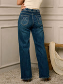 WOMEN'S BUTTON CLOSURE STUDS DETAILED WIDE LEGS JEANS PANTS