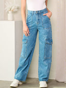 WOMEN'S BUTTON CLOSURE CARGO POCKETS BUTTERFLY PRINT DENIM PANTS