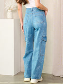 WOMEN'S BUTTON CLOSURE CARGO POCKETS BUTTERFLY PRINT DENIM PANTS