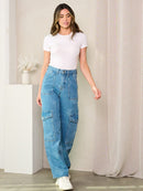 WOMEN'S BUTTON CLOSURE CARGO POCKETS BUTTERFLY PRINT DENIM PANTS