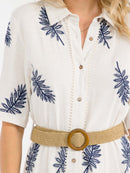 WOMEN'S SHORT SLEEVE BUTTON UP BELTED EMBROIDERY LINEN MAXI DRESS