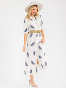 WOMEN'S SHORT SLEEVE BUTTON UP BELTED EMBROIDERY LINEN MAXI DRESS