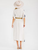 WOMEN'S SHORT SLEEVE BUTTON UP BELTED EMBROIDERY LINEN MAXI DRESS