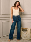 WOMEN'S BUTTON CLOSURE STUDS DETAILED WIDE LEGS JEANS PANTS