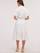 WOMEN'S SHORT SLEEVE BUTTON UP EYELET DETAILED MIDI DRESS