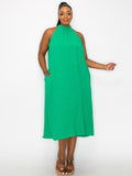 PLUS SIZE SLEEVELESS HALTER NECK POCKETS TUNIC MIDI DRESS