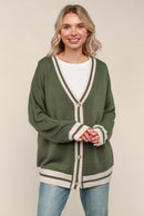 OLIVE SOLID BUTTON DOWN LOOSE FIT HOLIDAY CARDIGAN