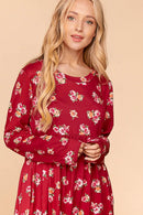 WINE FLORAL LONG SLEEVE BABYDOLL SWING DRESS