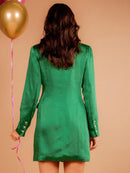 WOMEN'S LONG SLEEVE V-NECK BUTTON CLOSURE SATIN MINI DRESS