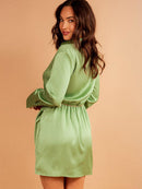 WOMEN'S LONG SLEEVE SURPLICE SATIN MINI DRESS