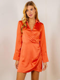 WOMEN'S LONG SLEEVE SURPLICE SATIN MINI DRESS