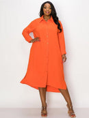 PLUS SIZE LONG SLEEVE POCKETS BUTTON UP TUNIC MIDI DRESS