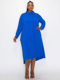 PLUS SIZE LONG SLEEVE POCKETS BUTTON UP TUNIC MIDI DRESS