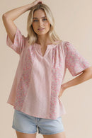 PLUS NOTCH NECK STRIPE FLORAL FLUTTER SHORT SLEEVE TOP