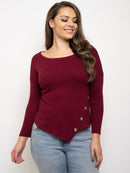 PLUS SIZE LONG SLEEVE WAFFLE KNIT BUTTON DETAILED TOP