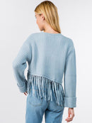 WOMEN'S LONG SLEEVE RIBBED KNIT FRINGE DETAILED SWEATER