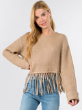 WOMEN'S LONG SLEEVE RIBBED KNIT FRINGE DETAILED SWEATER