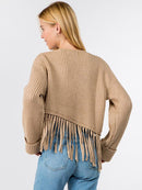 WOMEN'S LONG SLEEVE RIBBED KNIT FRINGE DETAILED SWEATER