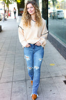 The Perfect Day Oatmeal Notched Neck Contrast Stitch Knit Hoodie (Open Pack)