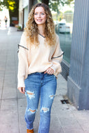 The Perfect Day Oatmeal Notched Neck Contrast Stitch Knit Hoodie (Open Pack)