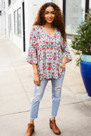 Plus Coral & Aqua Floral Print Design Top