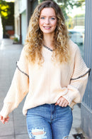 The Perfect Day Oatmeal Notched Neck Contrast Stitch Knit Hoodie (Open Pack)