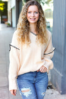 The Perfect Day Oatmeal Notched Neck Contrast Stitch Knit Hoodie (Open Pack)