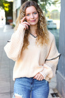 The Perfect Day Oatmeal Notched Neck Contrast Stitch Knit Hoodie (Open Pack)