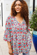 Plus Coral & Aqua Floral Print Design Top