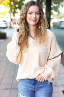 The Perfect Day Oatmeal Notched Neck Contrast Stitch Knit Hoodie (Open Pack)
