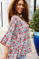 Plus Coral & Aqua Floral Print Design Top