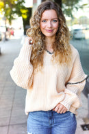 The Perfect Day Oatmeal Notched Neck Contrast Stitch Knit Hoodie (Open Pack)
