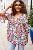 Plus Coral & Aqua Floral Print Design Top