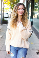 The Perfect Day Oatmeal Notched Neck Contrast Stitch Knit Hoodie (Open Pack)