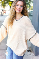 The Perfect Day Oatmeal Notched Neck Contrast Stitch Knit Hoodie (Open Pack)