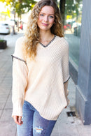 The Perfect Day Oatmeal Notched Neck Contrast Stitch Knit Hoodie (Open Pack)