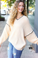 The Perfect Day Oatmeal Notched Neck Contrast Stitch Knit Hoodie (Open Pack)