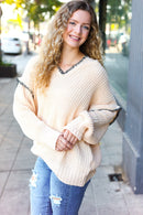The Perfect Day Oatmeal Notched Neck Contrast Stitch Knit Hoodie (Open Pack)