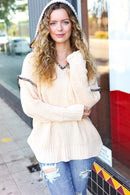 The Perfect Day Oatmeal Notched Neck Contrast Stitch Knit Hoodie (Open Pack)