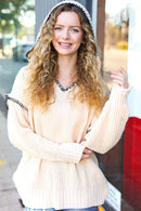 The Perfect Day Oatmeal Notched Neck Contrast Stitch Knit Hoodie (Open Pack)