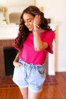Be Your Best Fuchsia Cable Knit Dolman Short Sleeve Sweater Top (Open Pack)