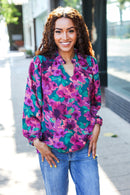 Beautiful You Hunter Green Watercolor Floral Print Notch Neck Top (Open Pack)